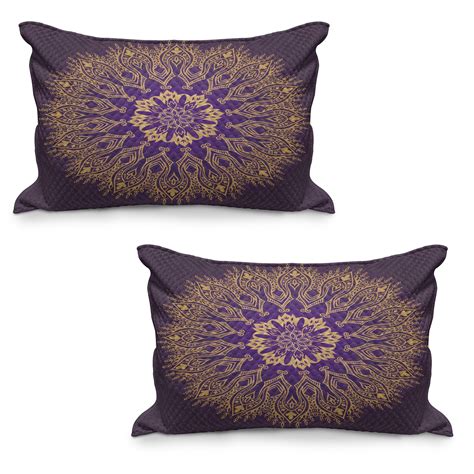 Mandala Quilted Pillowcover Set Of Round Bohemian Motif Leaves