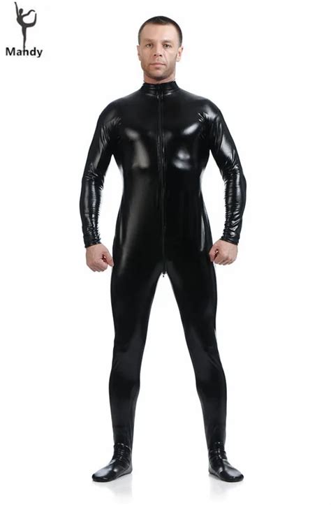 Mandy Mens Black Shiny Metallic Unitard Catsuit Dancewear Mock Neck Crotch Zip Front Spandex