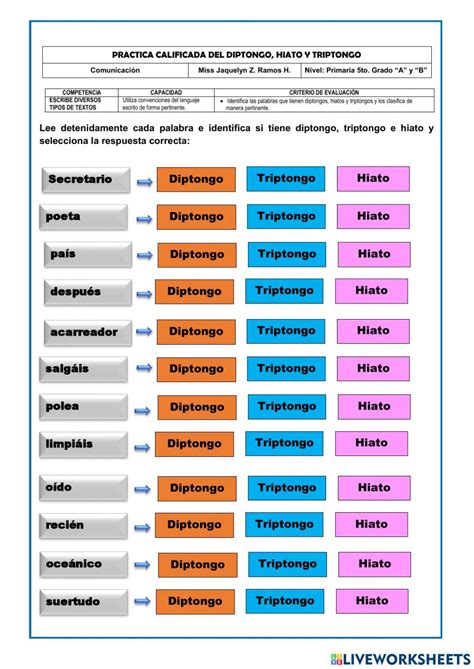 Diptongos Hiatos Y Triptongos Worksheet Online