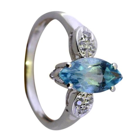 Natural Blue Topaz Vintage Ring Silver Marquise Cut Prong Setting