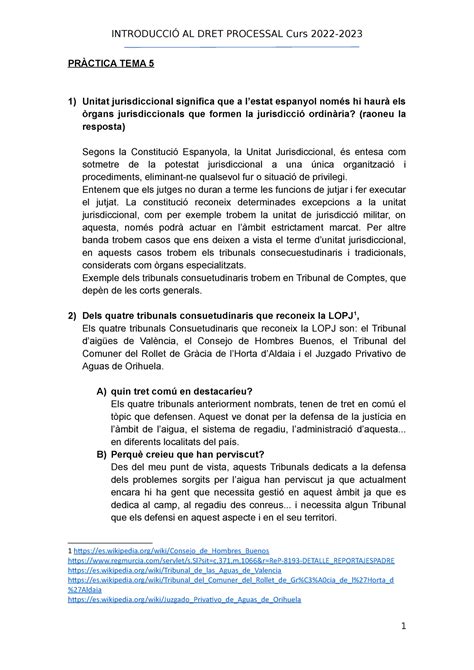 Pràctica TEMA 5 práctica 5 INTRODUCCIÓ AL DRET PROCESSAL Curs 2022