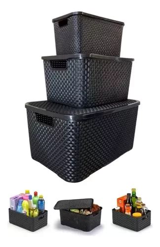 Kit Caixas Organizadoras Rattan Preta Pequena M Dia Grande Mercadolivre