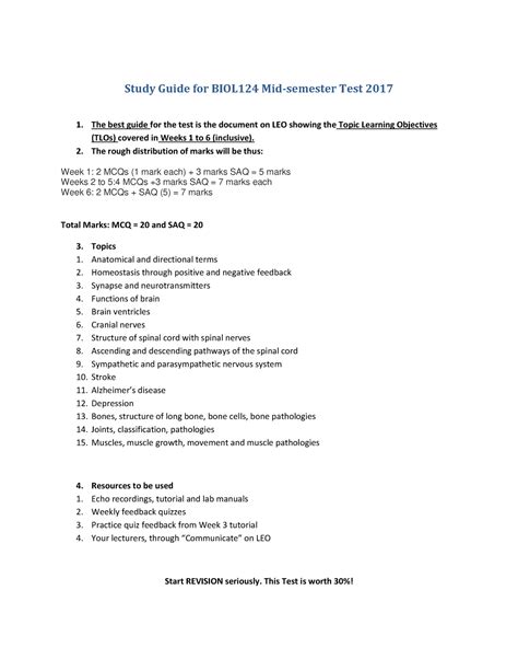 Study Guide Biol124 Mid Sem Test 2017 Warning Tt Undefined Function