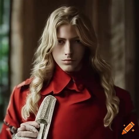 Cody Fern Age 20 With Long Majestic Blonde Hair Wearing A Red Trench