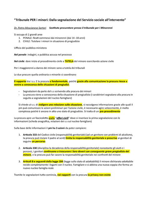 Tribunale PER I Minori Dalla Segnalazione Del Servizio Sociale All