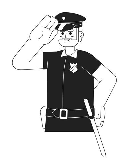 Caucasian bearded police officer male black and white 2D cartoon character. European sheriff ...