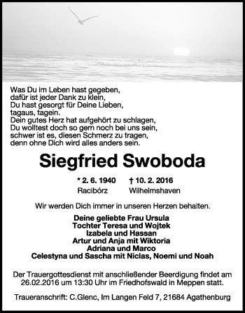 Traueranzeigen Von Siegfried Swoboda Nordwest Trauer De