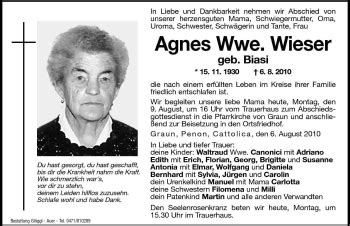 Traueranzeigen Von Agnes Wieser Trauer Bz