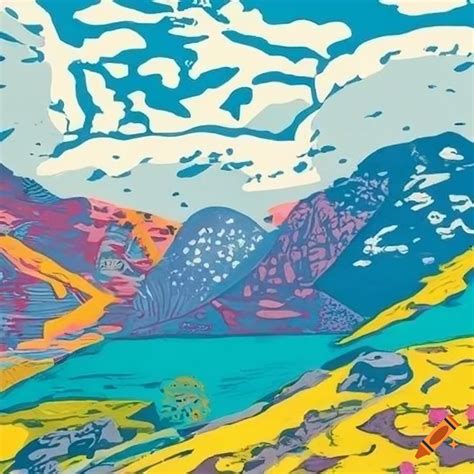 Colorful Linocut Artwork Of Snowdonia On Craiyon