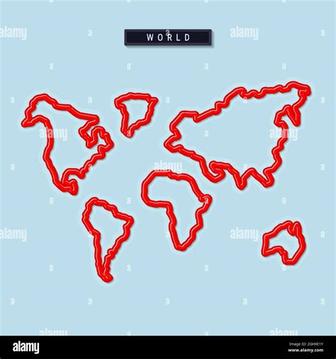 World Continents Bold Outline Map Glossy Red Border With Soft Shadow