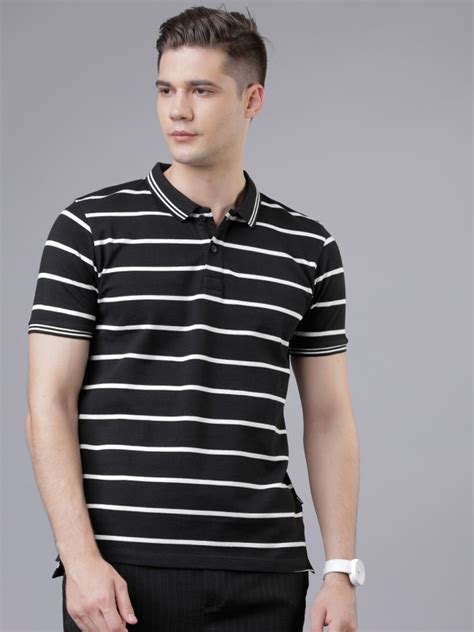 Buy Highlander Black White Casual Striped Polo Collar T Shirt For Men