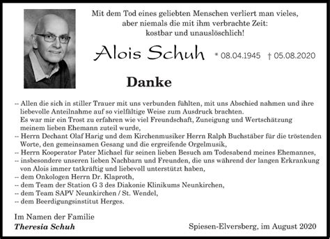 Traueranzeigen Von Alois Schuh Saarbruecker Zeitung Trauer De