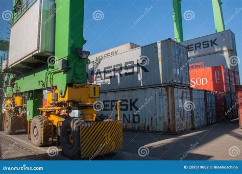 Maersk Containers On Train Pass Through Railway Crossing While Barrier