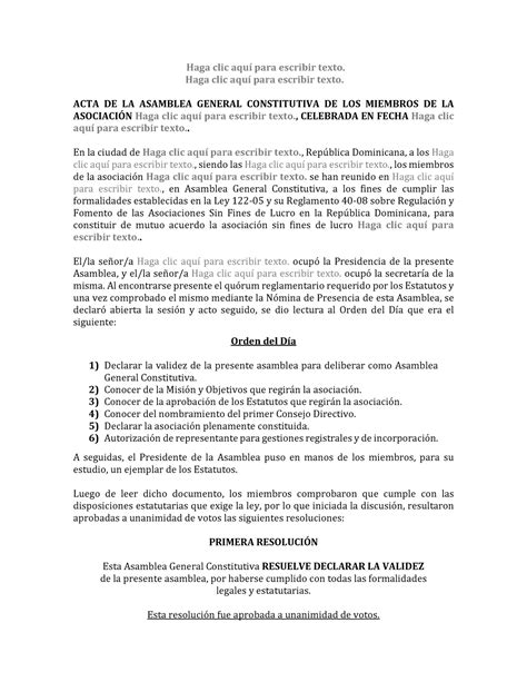 Modelo Acta De La Asamblea Constitutiva Y Nomina De Presencia Asfl