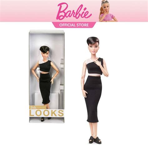 Barbie Signature Looks Doll Petite Brunette Pixie Cut Fully Posable With Black Midi Skirt For