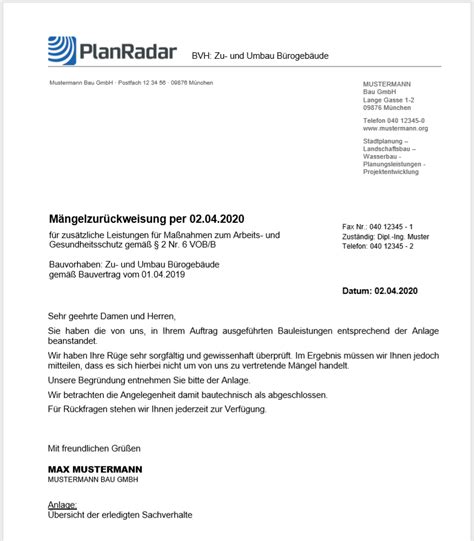 VOB Musterbriefe Mängelzurückweisung PlanRadar