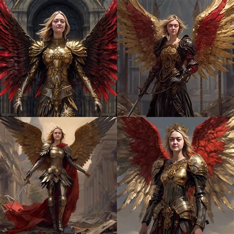 White Golden Blonde Angel In Black Red Armor With A Huge Black Red Shield Abreathtaking