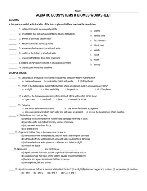 Freshwater Ecosystems Worksheets