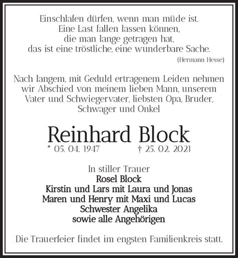 Traueranzeigen Von Reinhard Block Abschied Nehmen De