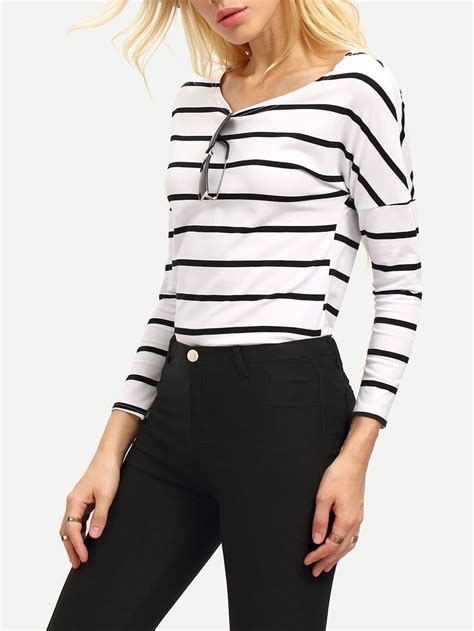 White Black Long Sleeve Striped Loose T Shirtfor Women Romwe