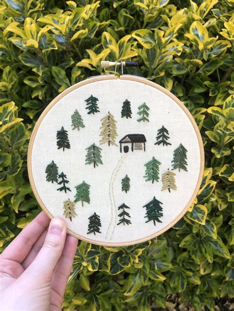 Forest Cabin Cabin In The Woods Nature Embroidery Forest Etsy Hand