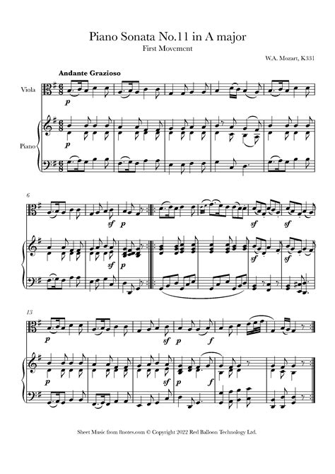 Mozart Wolfgang Amadeus Theme From Sonata K 331 For Viola Free