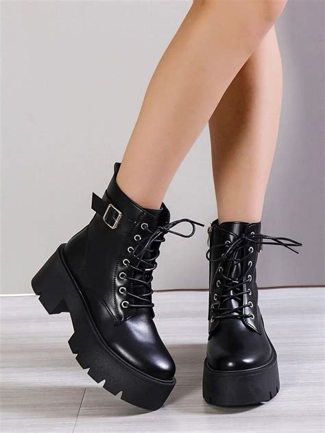 Buckle Decor Lace Up Front Combat Boots Shein Eur