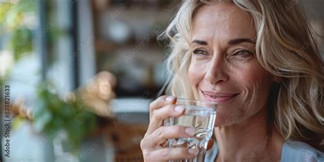 Gorgeous Mature Lady Sips From A Glass Of Pure Water Radiating Joy As She Begins Her Day With A