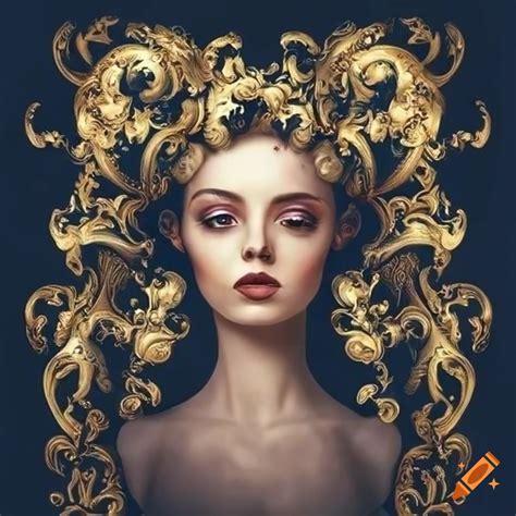 Surreal Baroque Rococo Style With Black Hair Spread In Gold Clouds On Craiyon