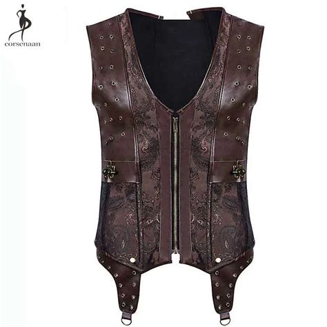 Steampunk Men Corset Steel Boned Corsets Synthetic Leather Corn Jacket Bustier Front Zipper