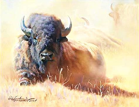 A Painting Of Two Bison Laying Down In The Grass