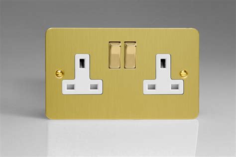 Varilight Ultraflat Brushed Brass 2 Gang 13a Double Pole Switched Socket With Metal Rockers