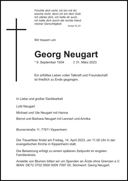 Georg Neugart Traueranzeige Badische Zeitung