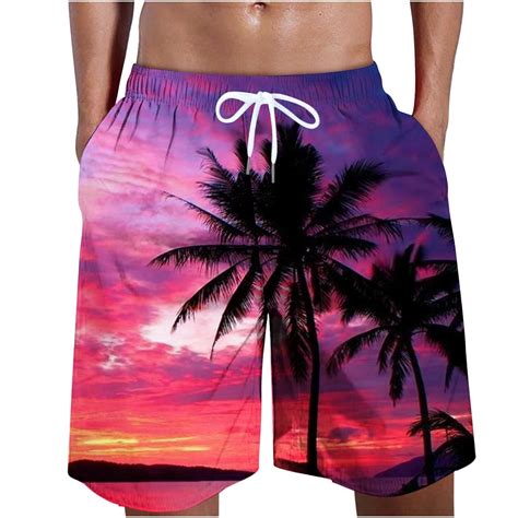 Cllios Mens Hawaiian Shorts Drawstring Boarding Shorts With Pockets