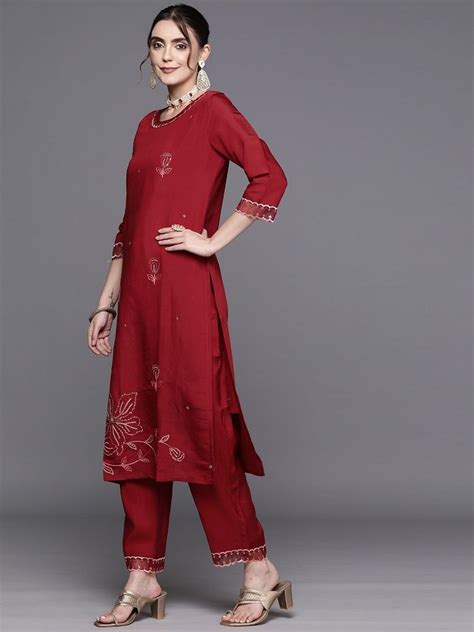 Viscose Rayon Indo Era Red Embroidered Straight Kurta Trousers With