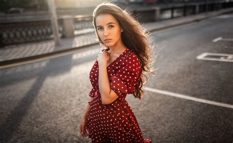 Model Red Dress Long Hair Girl Woman Brunette Wallpaper