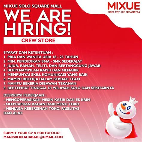 Lowongan Kerja Mei 2023 Crew Store Mixue Solo Square INFO LOKER SOLO