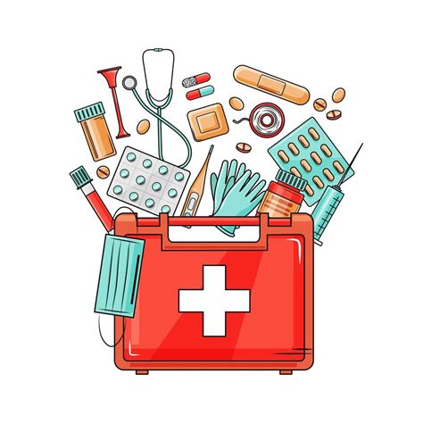 Medical First Aid Kit With Different Pills And Thermometer Healthcare