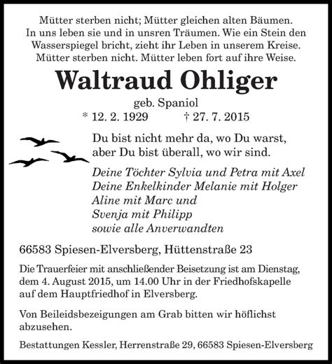 Traueranzeigen Von Waltraud Ohliger Saarbruecker Zeitung Trauer De