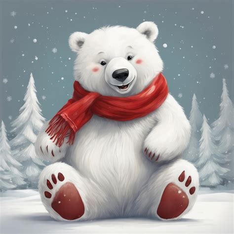 Premium Ai Image Cute Polar Bear In A Red Scarf On The Background Of