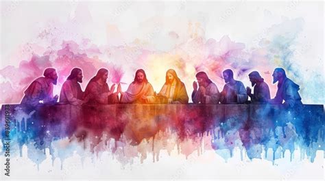 Watercolor Illustration Of Jesus Last Supper With Apostles Soft Pastel