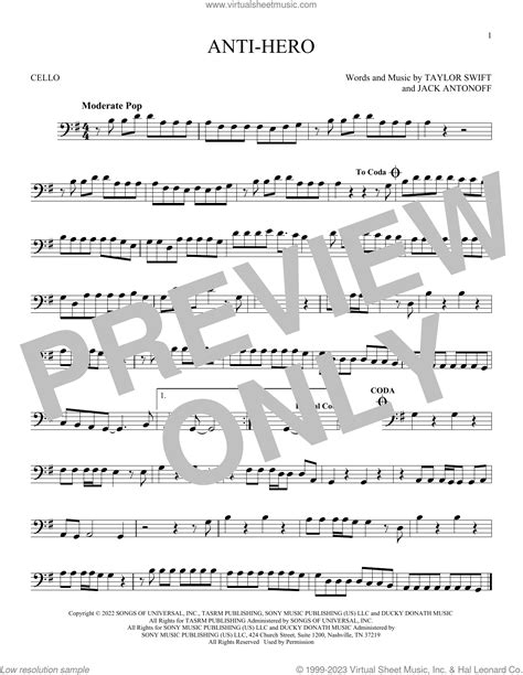 Anti Hero Sheet Music For Cello Solo Pdf Interactive