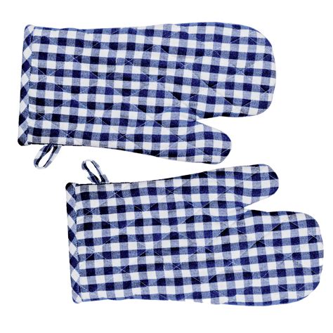 Gingham Check Kitchen Cooking Oven Gloves Set Of 2 Blue Pot Mitts