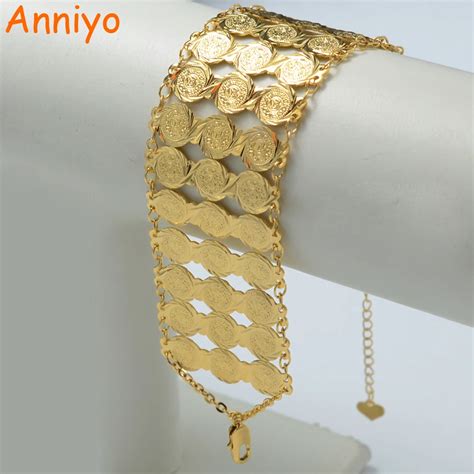 Anniyo 19cm Arab Bracelet Women Men Gold Color Coins Bangle Wholesale Islam Middle East Chain