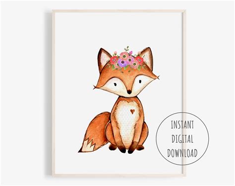 Fox Printables Fox With Flower Crown Fox Printable Wall Art Etsy