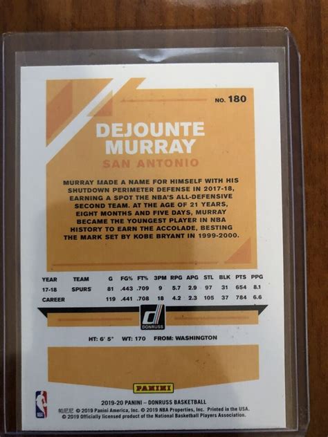 2019 20 DONRUSS GREEN YELLOW LASER HOLO DEJOUNTE MURRAY 180 SAN