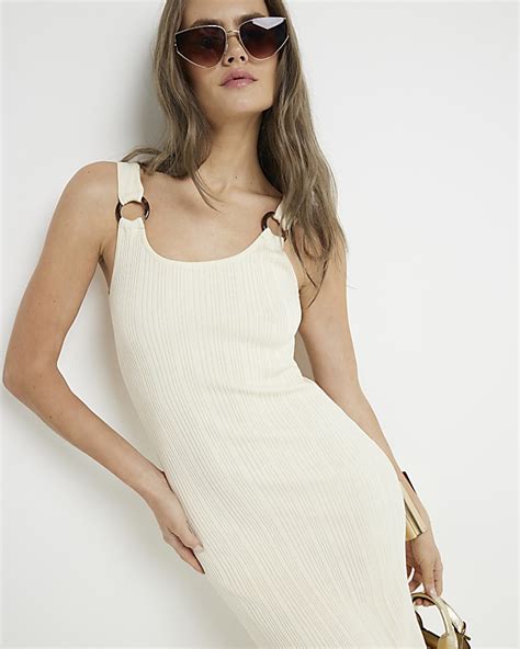 Cream Ribbed Bodycon Maxi Dress River Island