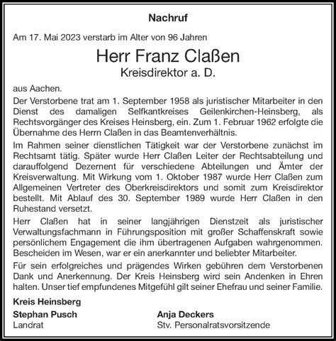 Traueranzeigen Von Franz Cla En Aachen Gedenkt