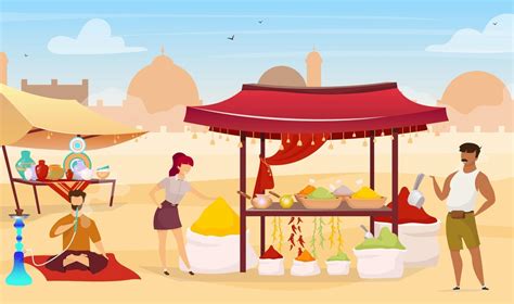 Turkish Bazaar Flat Color Vector Illustration Arab Street Market