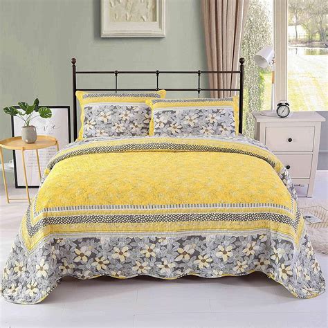 Unimall King Size Quilted Bedspread Yellow Cotton Piece